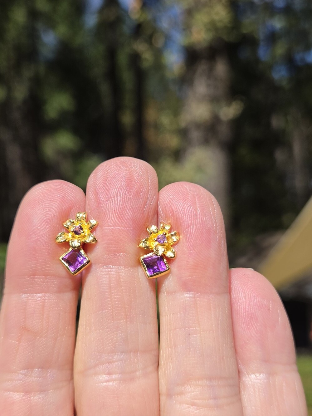 Gold Amethyst Floral Drop Earrings - Picture 2 of 7